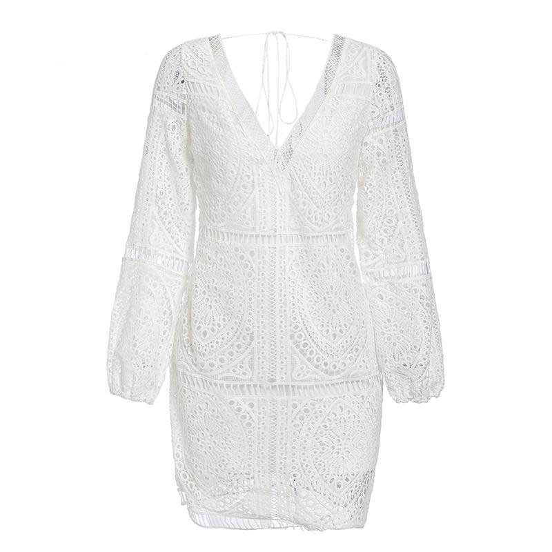 TEELYNN white lace dress women tunic robe vintage V-neck sexy backless beach swim coverup summer dresses boho vestidos plus size