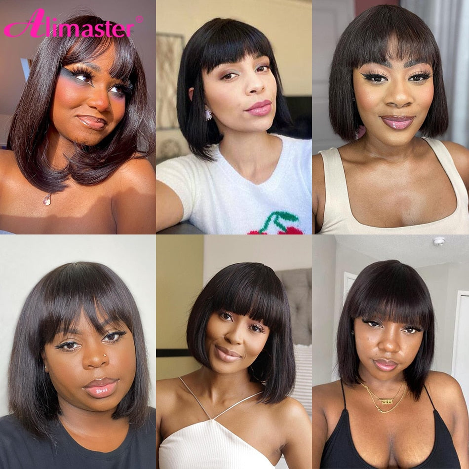 Straight Bob Human Hair Wigs With Bangs Short Brazilian Human Hair Bob Wigs For Woman No Lace Full Machine Made Human Hair Wigs