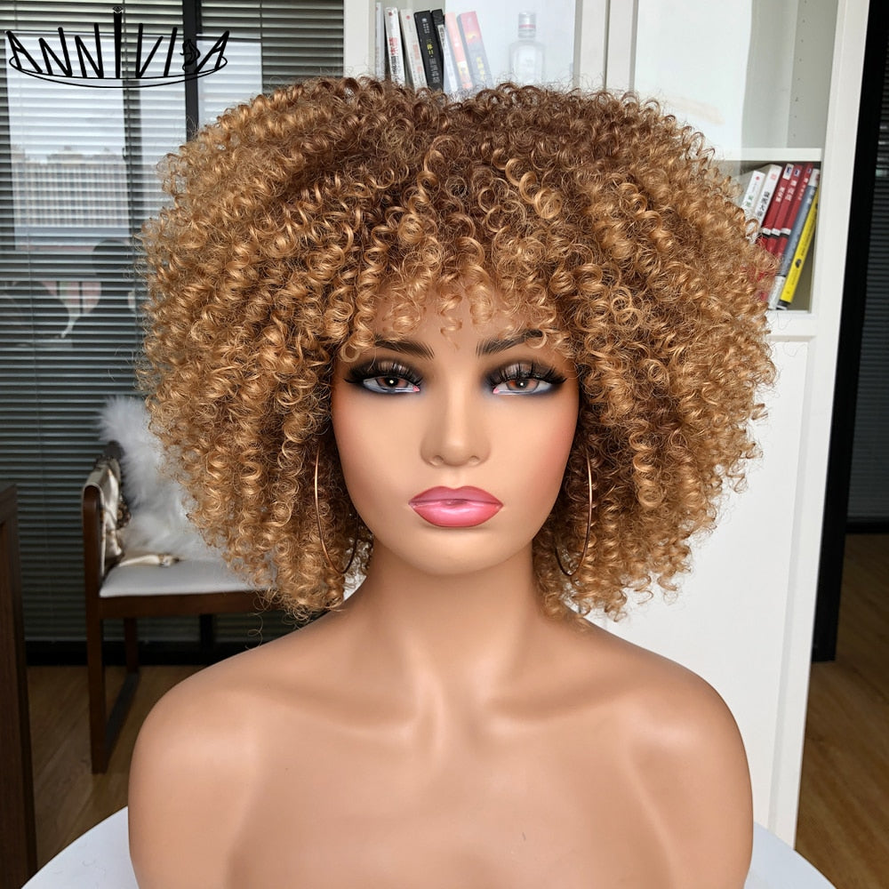 Short Hair Afro Kinky Curly Wigs With Bangs African Synthetic Ombre Glueless Cosplay Wigs For Black Women High Temperature