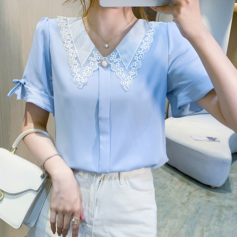 Yikoton Summer Casual New 2022 Women Blouse Chiffon White Shirt Fashion Peter pan Collar Button Ladies Plus Size Blue Blouses