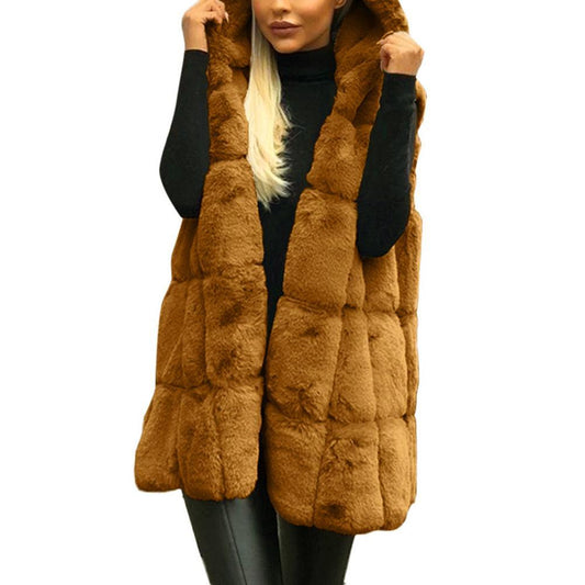 Plus Size Winter Thick Vest Jacket Faux Fur Casual Solid Color Hooded Waistcoat Long Knit Oversize Women Jacket Vest