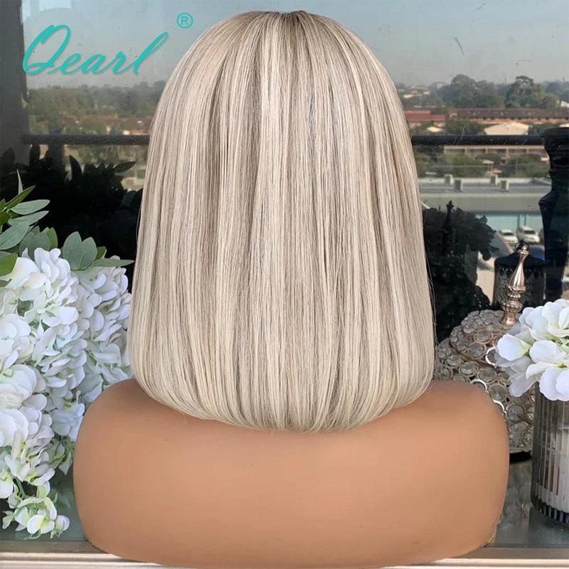 Ashy Grey Blonde Human Hair Lace Front Wig Short Bob Straight Frontal Wigs Platinum White Highlights 13x1 Virgin Hair 150% Qearl