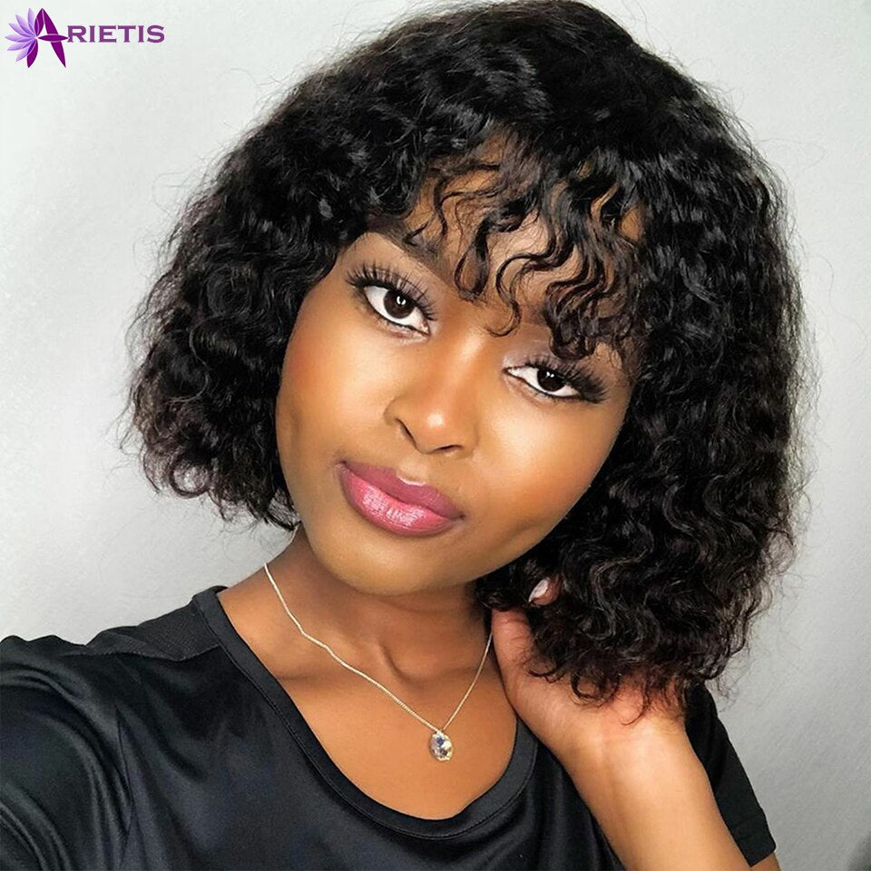 Jerry Curly Human Hair Wigs With Bangs 150% Density Glueless Full Machine Made Wig With Bang  Color 1b For Black Women