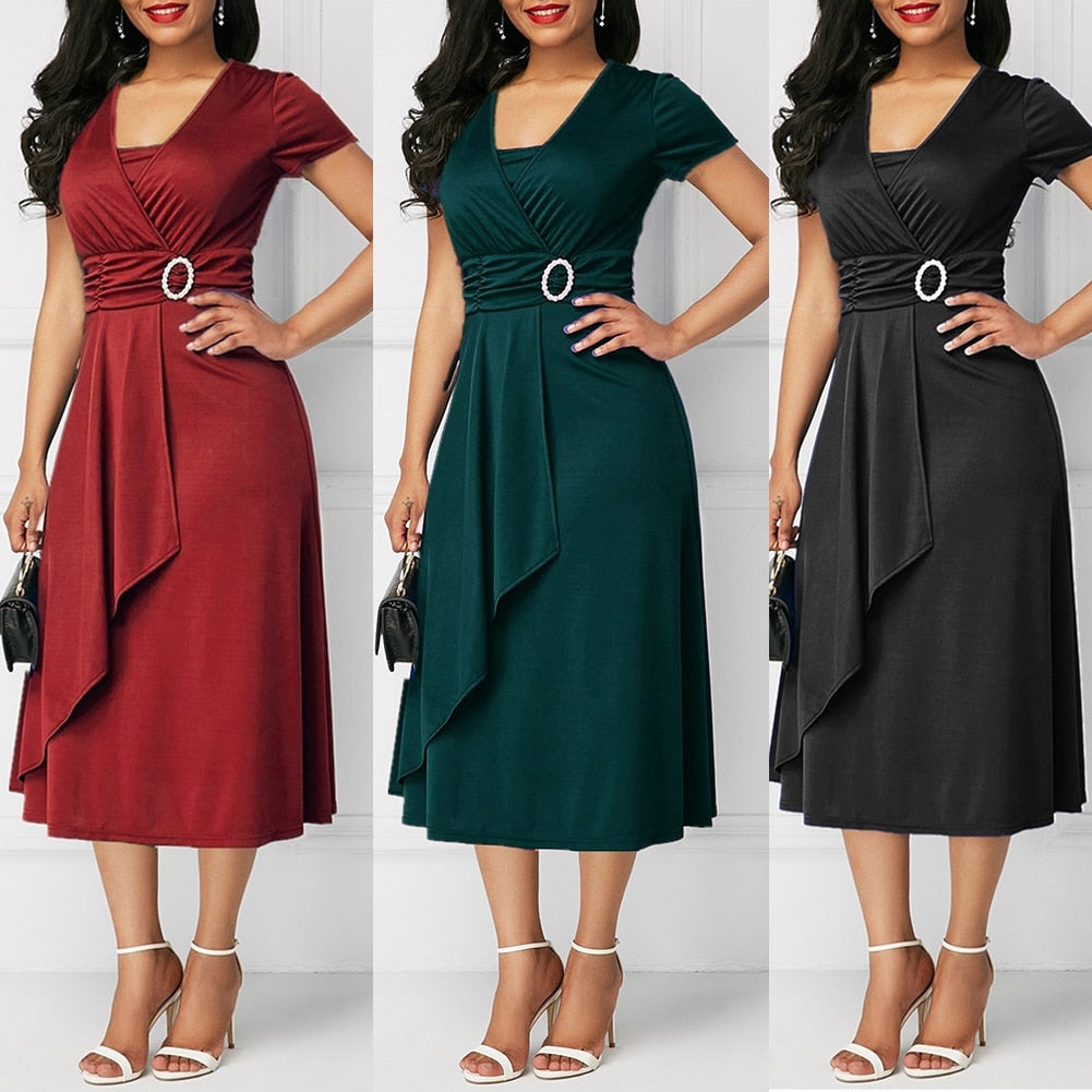 HOT SALE New Arrival Fashion Plus Size Dress Women Short Sleeve Asymmetric Hem Waist Tight Large Swing Midi Evening Party Dress