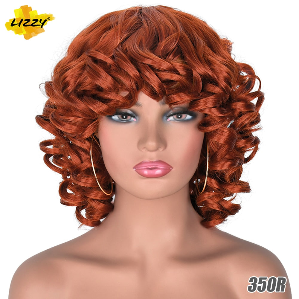 Short Hair Afro Curly Wig With Bangs Loose Synthetic Cosplay Fluffy Shoulder Length Natural Wigs For Black Women Dark Brown 14&quot;