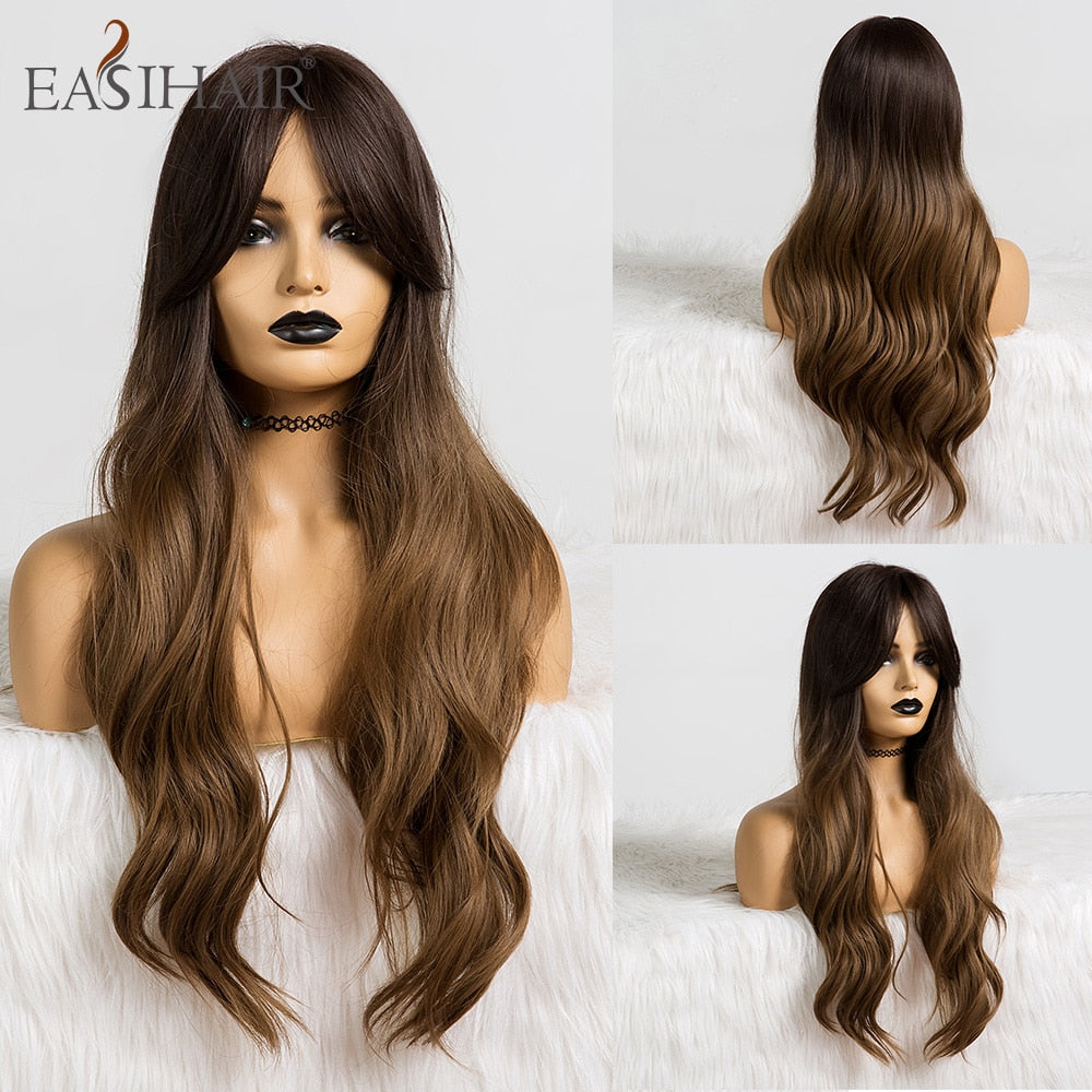 EASIHAIR Long Ombre Brown Wavy Synthetic Wigs for Women Wigs with Bangs Heat Resistant Blonde Cosplay Wigs Daily Natural Hair