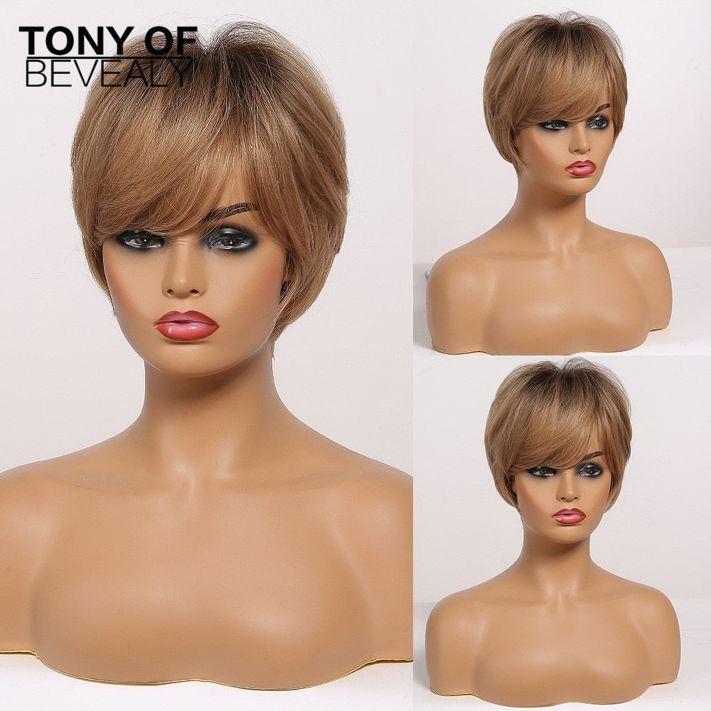 Short Straight Wigs Ombre Brown Synthetic Hair Wigs with Bangs for Black Women Daily Cosplay Heat Resistant Natural Hair Wigs