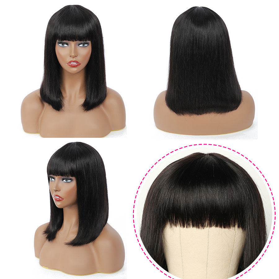 Straight Bob Human Hair Wigs With Bangs Short Brazilian Human Hair Bob Wigs For Woman No Lace Full Machine Made Human Hair Wigs