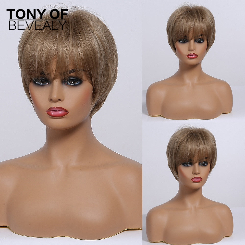 Short Straight Wigs Ombre Brown Synthetic Hair Wigs with Bangs for Black Women Daily Cosplay Heat Resistant Natural Hair Wigs