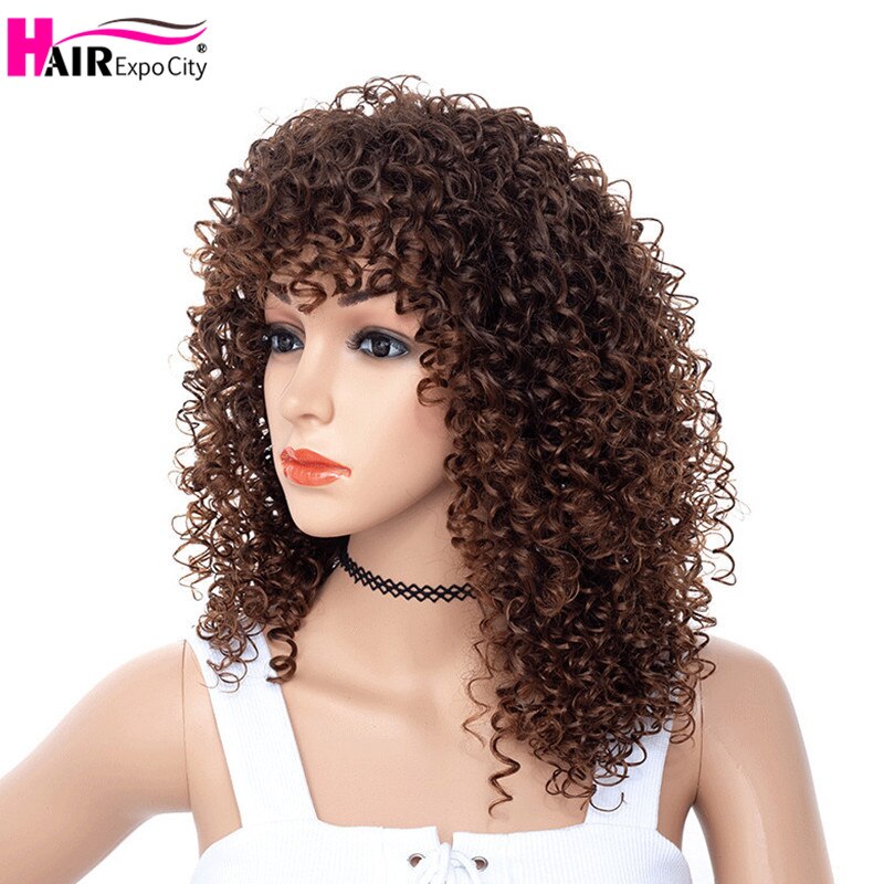 Short Afro Kinky Curly Wig With Bangs Synthetic Wigs For Black Women Heat Resistant Fiber Mixed Brown and Blond Hair Expo City