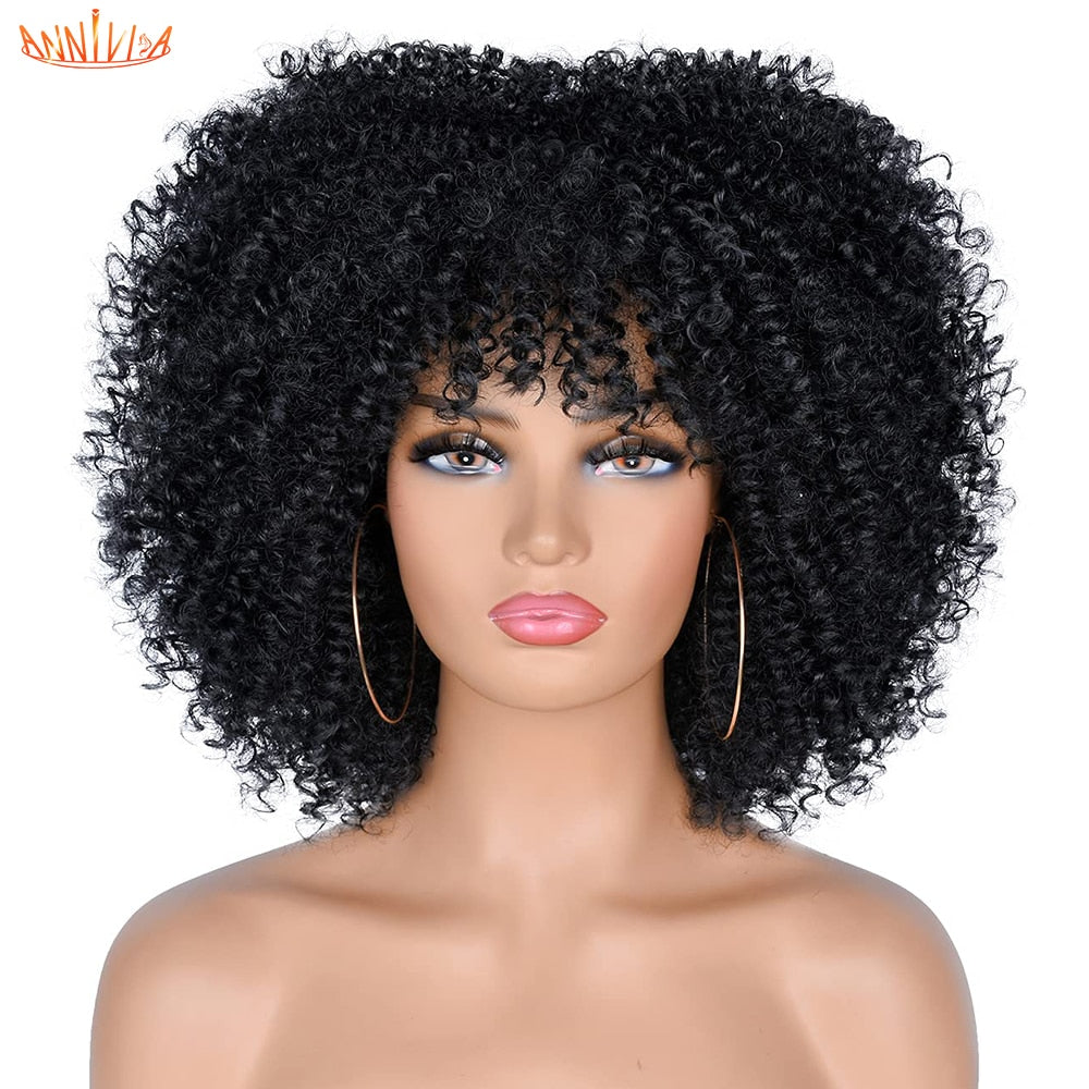 Short Hair Afro Kinky Curly Wigs With Bangs African Synthetic Ombre Glueless Cosplay Wigs For Black Women High Temperature