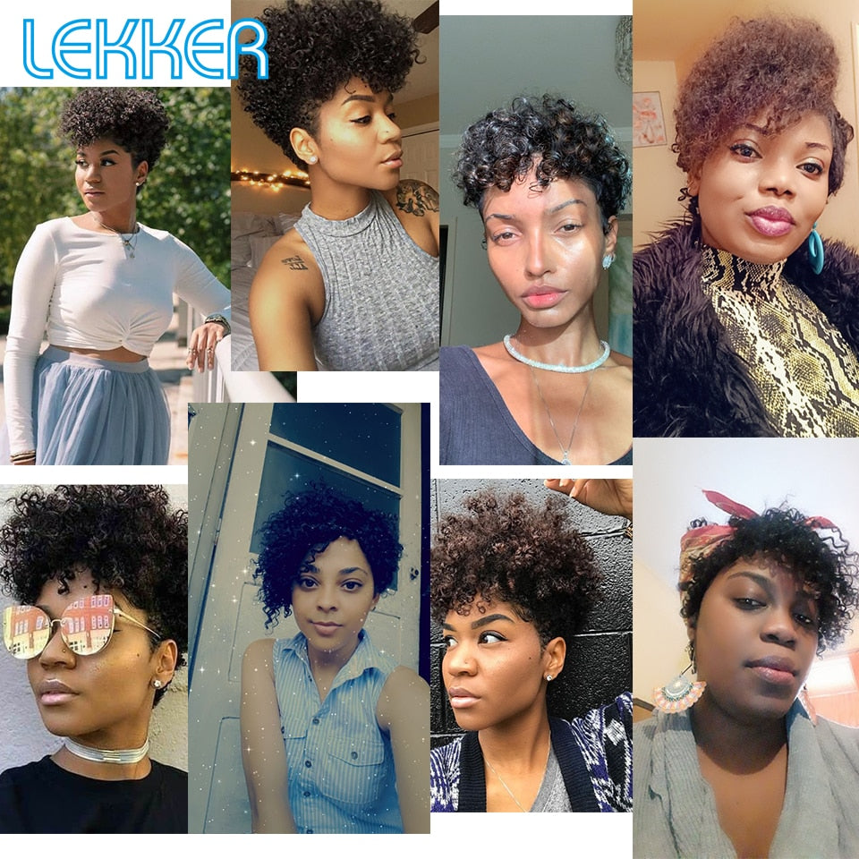 Lekker Short Curly Human Hair Wigs For Black Women Pixie Bob Afro Kinky Brazilian Remy Natural Part Side With Bangs Cheap Wigs