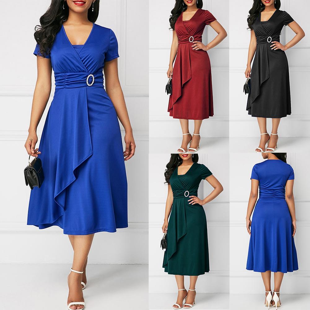 HOT SALE New Arrival Fashion Plus Size Dress Women Short Sleeve Asymmetric Hem Waist Tight Large Swing Midi Evening Party Dress