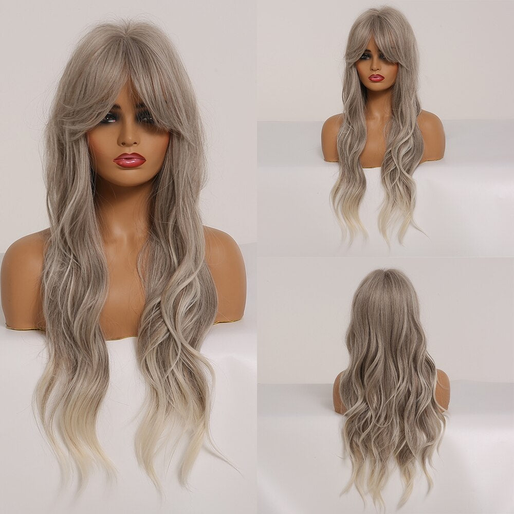 EASIHAIR Long Ombre Brown Wavy Synthetic Wigs for Women Wigs with Bangs Heat Resistant Blonde Cosplay Wigs Daily Natural Hair