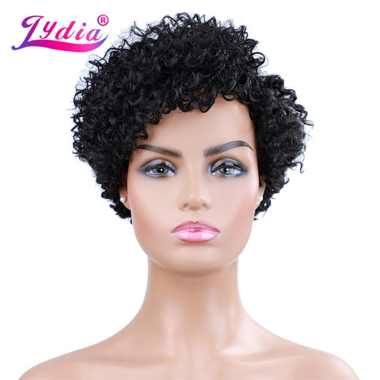 Lydia 6 Inch Synthetic Wigs For Women Short Curl 100% Kanekalon Heat Resistant Fiber Natural Black Daily&amp;Party Wig Side Parting