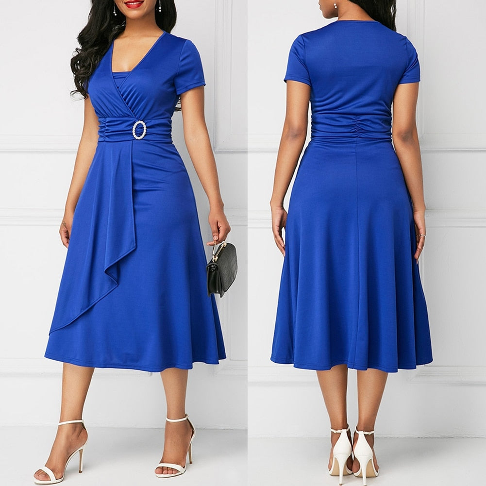 HOT SALE New Arrival Fashion Plus Size Dress Women Short Sleeve Asymmetric Hem Waist Tight Large Swing Midi Evening Party Dress