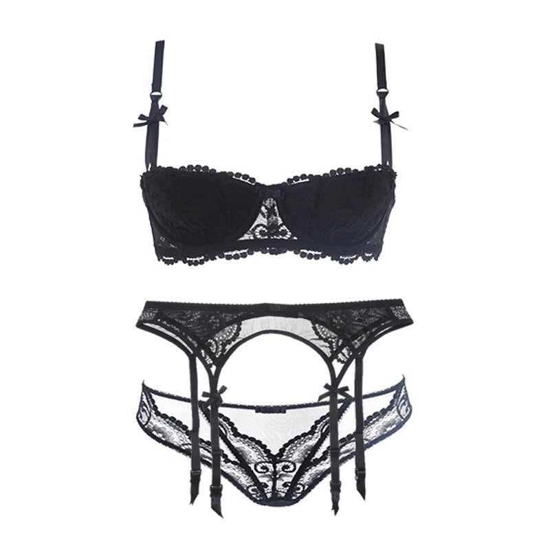 3pcs/ Set Women&#39;s  Underwear Set Lingerie Plus Size E Cup Demi Half Cup Bow Decoration Bra+Panties+Garter