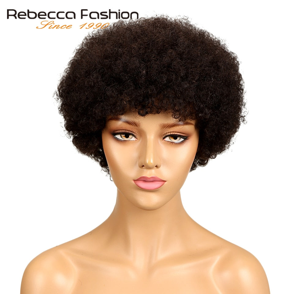 Rebecca Short Brazilian Afro Kinky Curly Wig Color 2# Dark Brown Red Human Hair Kinky Curly Non Lace Wigs For Women