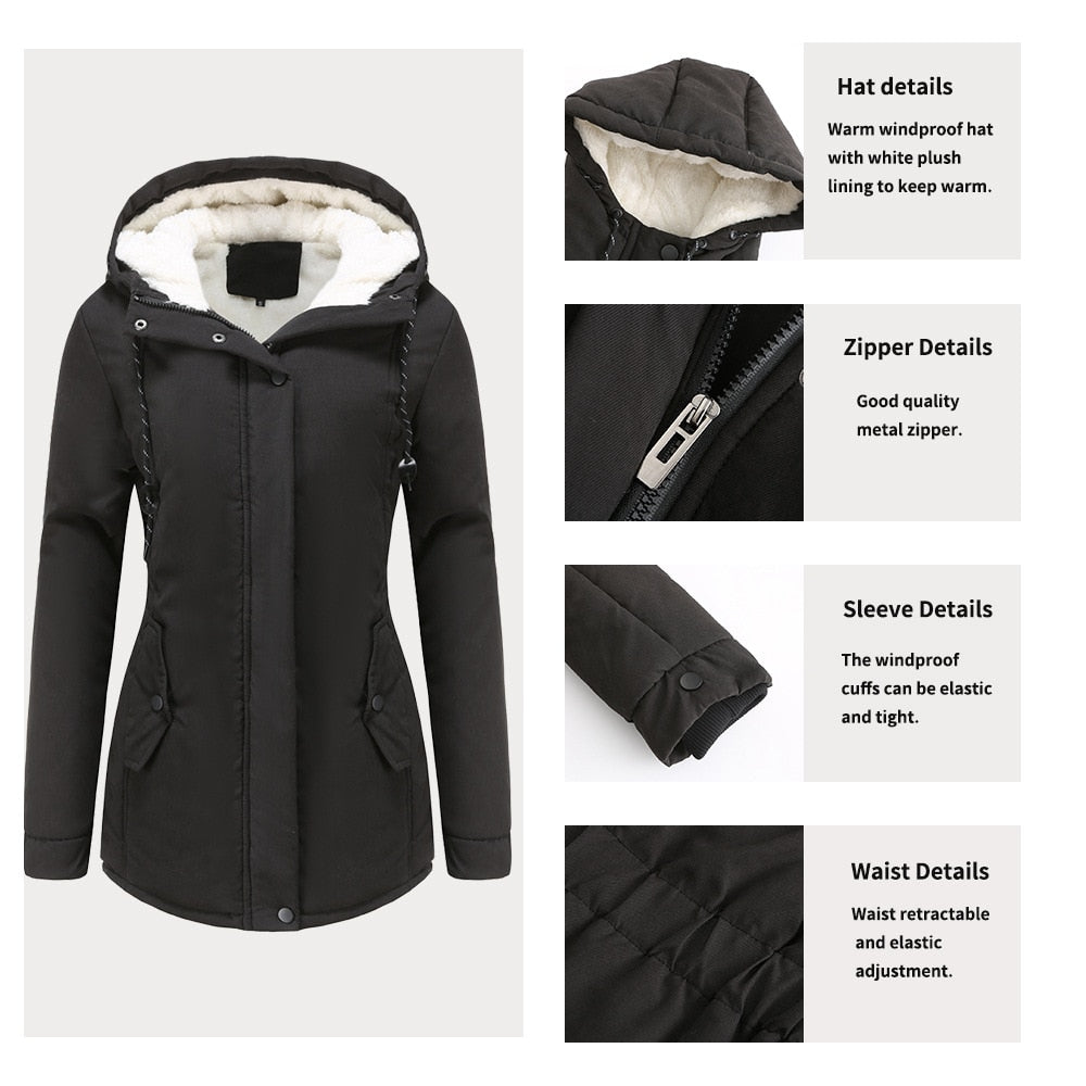 Women Winter Coat Warm Slim Outerwear Fashion Elastic Waist Zipper Pocket Hooded Drawstring Overcoats Autumn Clothes