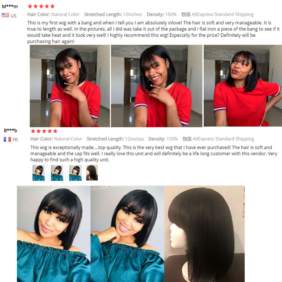 Straight Bob Human Hair Wigs With Bangs Short Brazilian Human Hair Bob Wigs For Woman No Lace Full Machine Made Human Hair Wigs