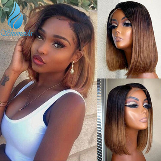 150% Density Ombre Brown 13x4 Lace Front Human Hair Wigs Brazilian Remy Human Hair Lace Frontal Wig Short BoB Wig with Baby Hair