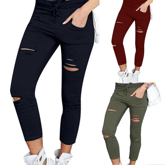 Plus Size Solid Color Drawstring High Waist Pencil Pants Ripped Skinny Leggings Elastic Sexy Skinny Thin-Section Pants For Women