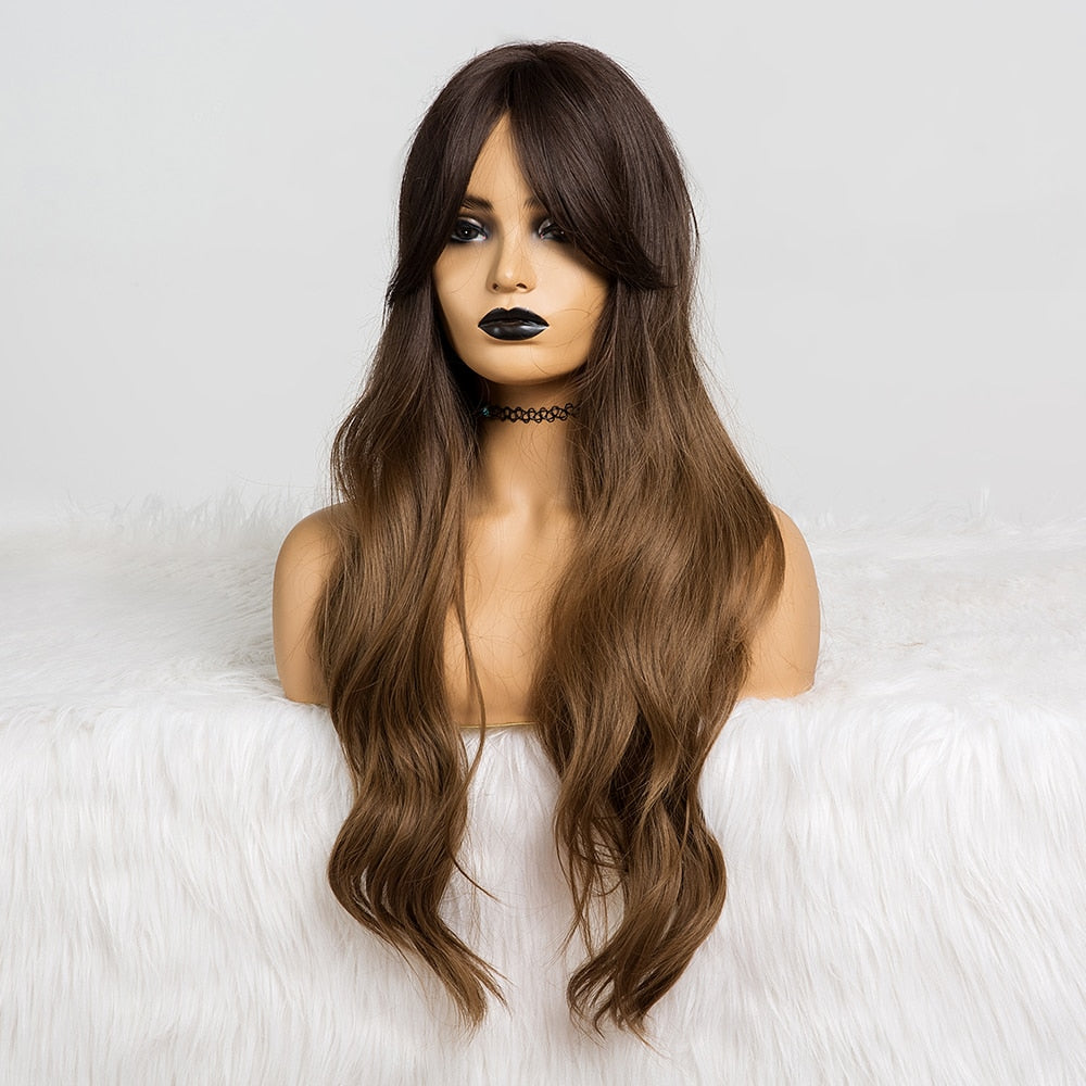 EASIHAIR Long Ombre Brown Wavy Synthetic Wigs for Women Wigs with Bangs Heat Resistant Blonde Cosplay Wigs Daily Natural Hair