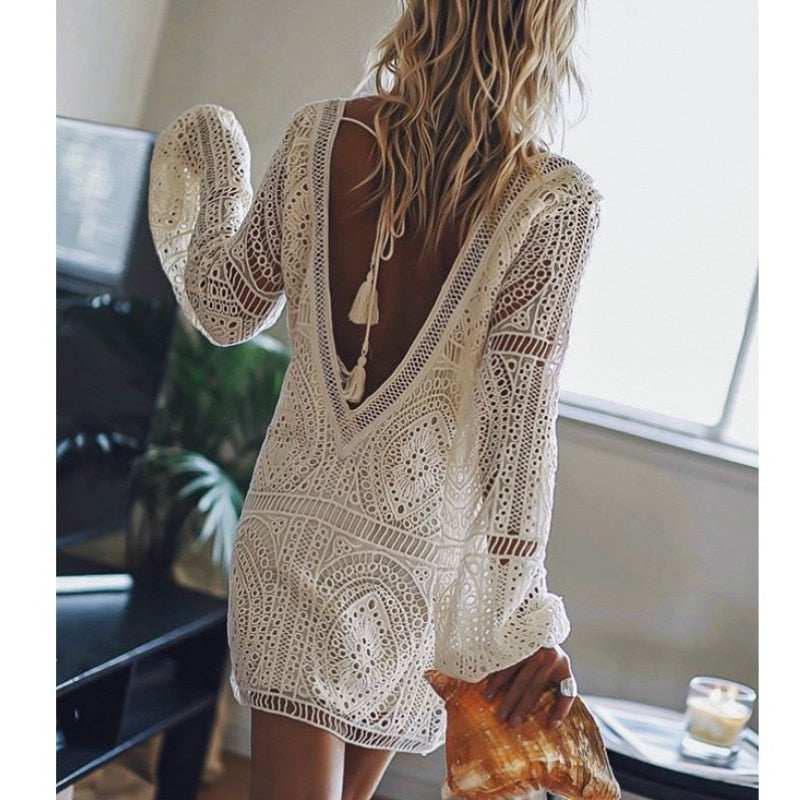 TEELYNN white lace dress women tunic robe vintage V-neck sexy backless beach swim coverup summer dresses boho vestidos plus size