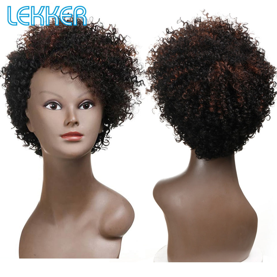 Lekker Short Curly Human Hair Wigs For Black Women Pixie Bob Afro Kinky Brazilian Remy Natural Part Side With Bangs Cheap Wigs