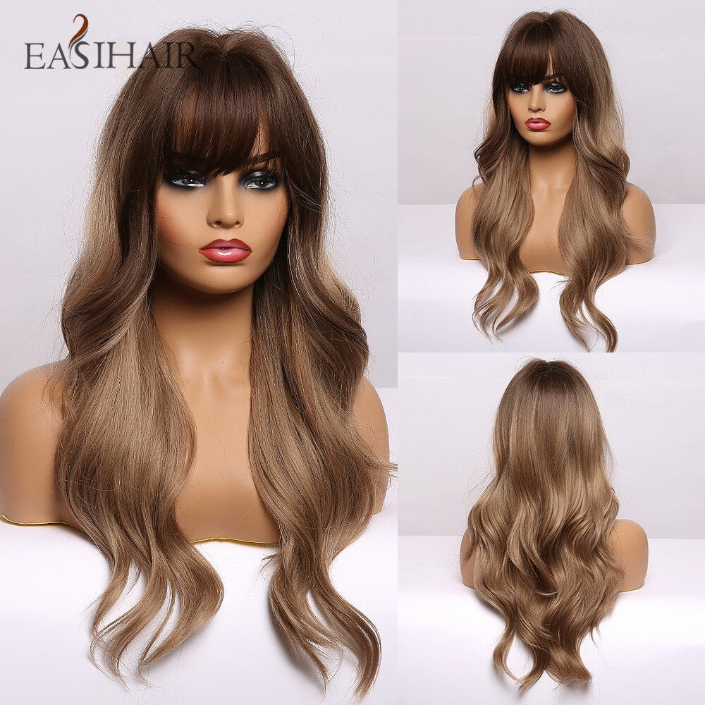 EASIHAIR Long Ombre Brown Wavy Synthetic Wigs for Women Wigs with Bangs Heat Resistant Blonde Cosplay Wigs Daily Natural Hair