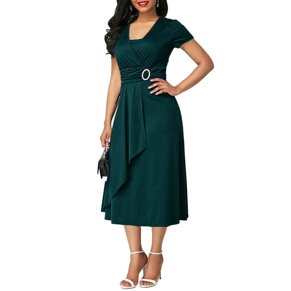 HOT SALE New Arrival Fashion Plus Size Dress Women Short Sleeve Asymmetric Hem Waist Tight Large Swing Midi Evening Party Dress