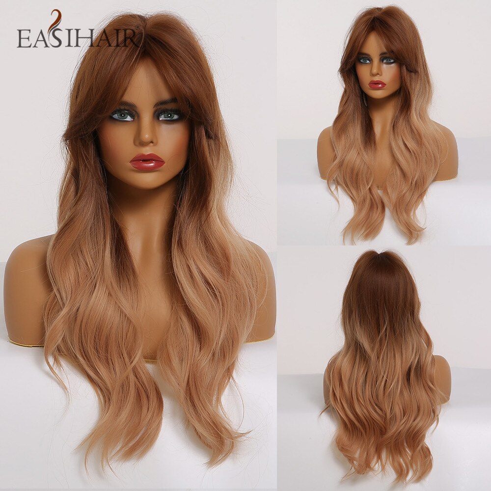 EASIHAIR Grey Ombre Wavy Wigs Long Synthetic Wigs for Women Wigs with Bangs Natural Hair Wigs Heat Resistant Cosplay Wigs