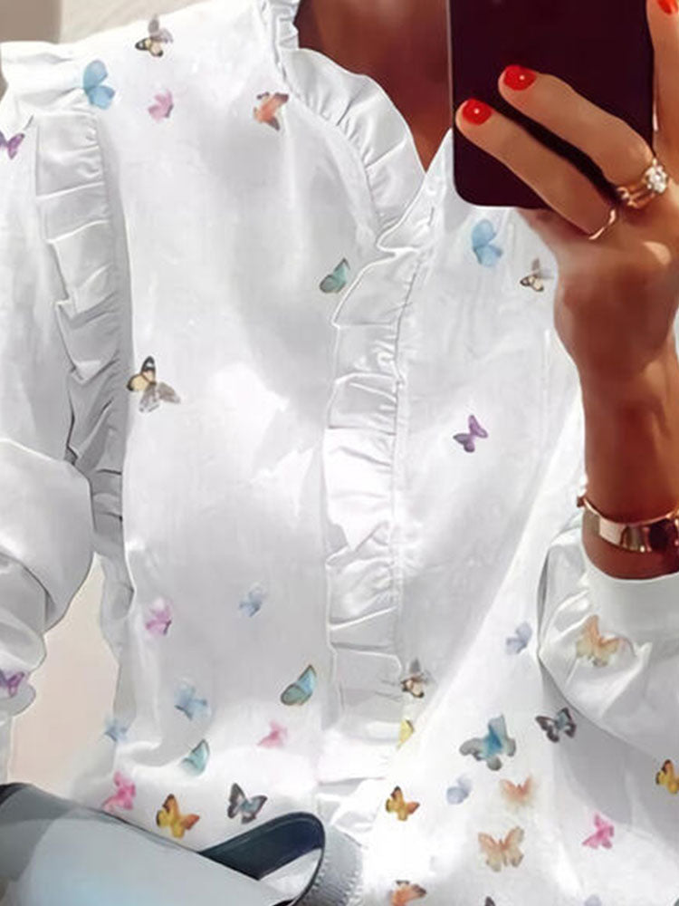 Oversize Work Wear Fashion Lady White Tee Shirts 2021 Summer Tops Plus Size Butterfly Print V-Neck Long Sleeves Casual Blouse