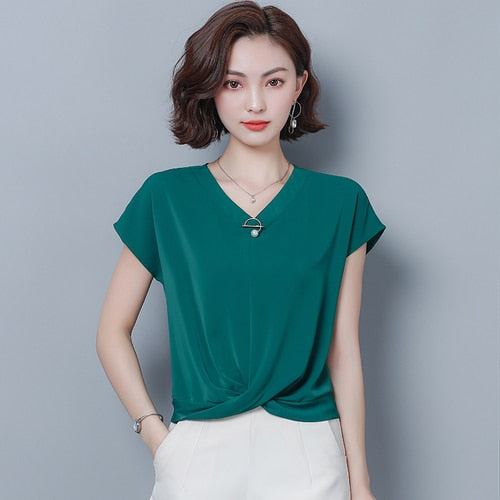 Spring Summer New Plus Size Irregular Chiffon Shirts Women Loose Bat Short Sleeve V-neck Office Lady Solid Elegant Blusas 9051