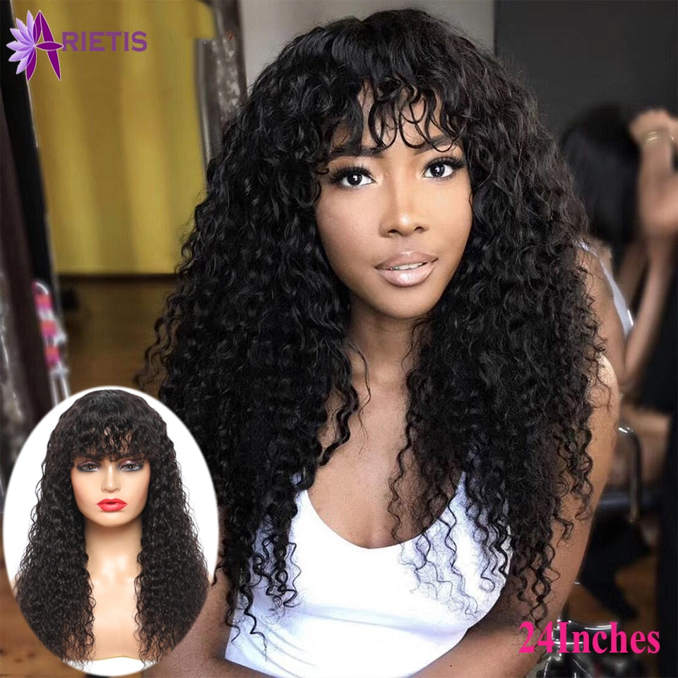 Jerry Curly Human Hair Wigs Full Wigs Indian Remy Hair Full Machine Wig With Bangs 8&quot;-24&quot;Inches Natural Black For Black Women