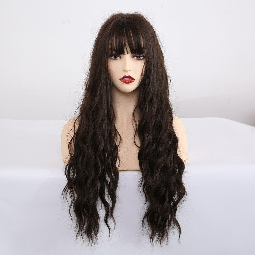 Long Synthetic Water Wave Wigs With Bangs Natural Curly Dark Brown Wigs for Women Cosplay Wigs Heat Resistant Fiber Wigs