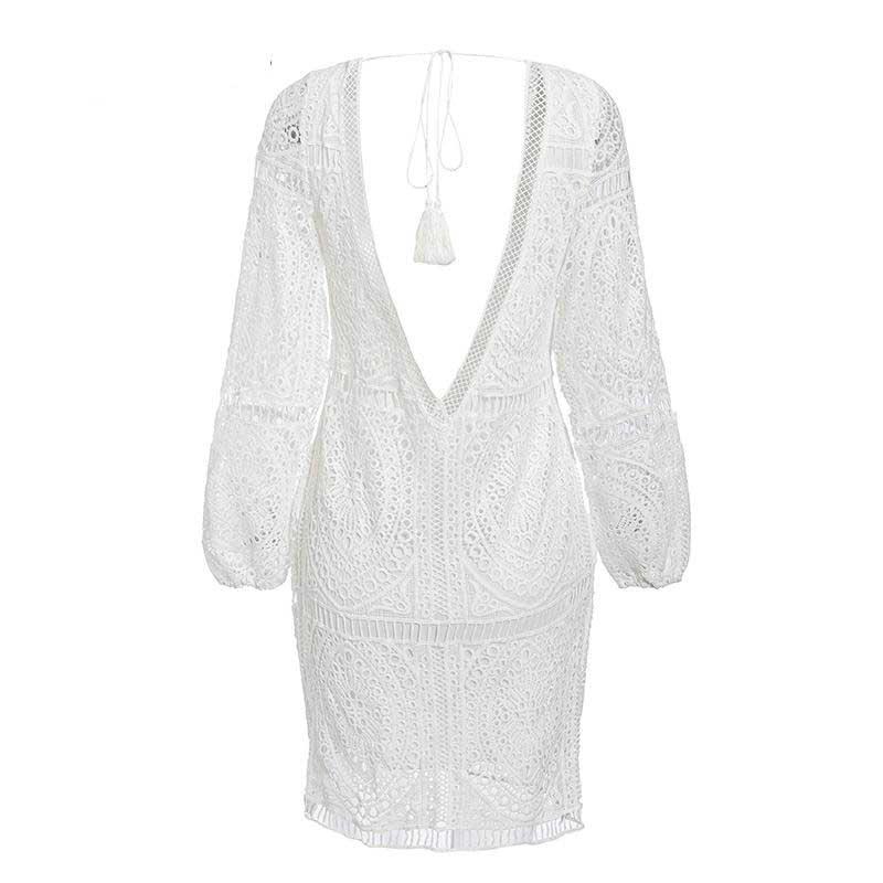 TEELYNN white lace dress women tunic robe vintage V-neck sexy backless beach swim coverup summer dresses boho vestidos plus size