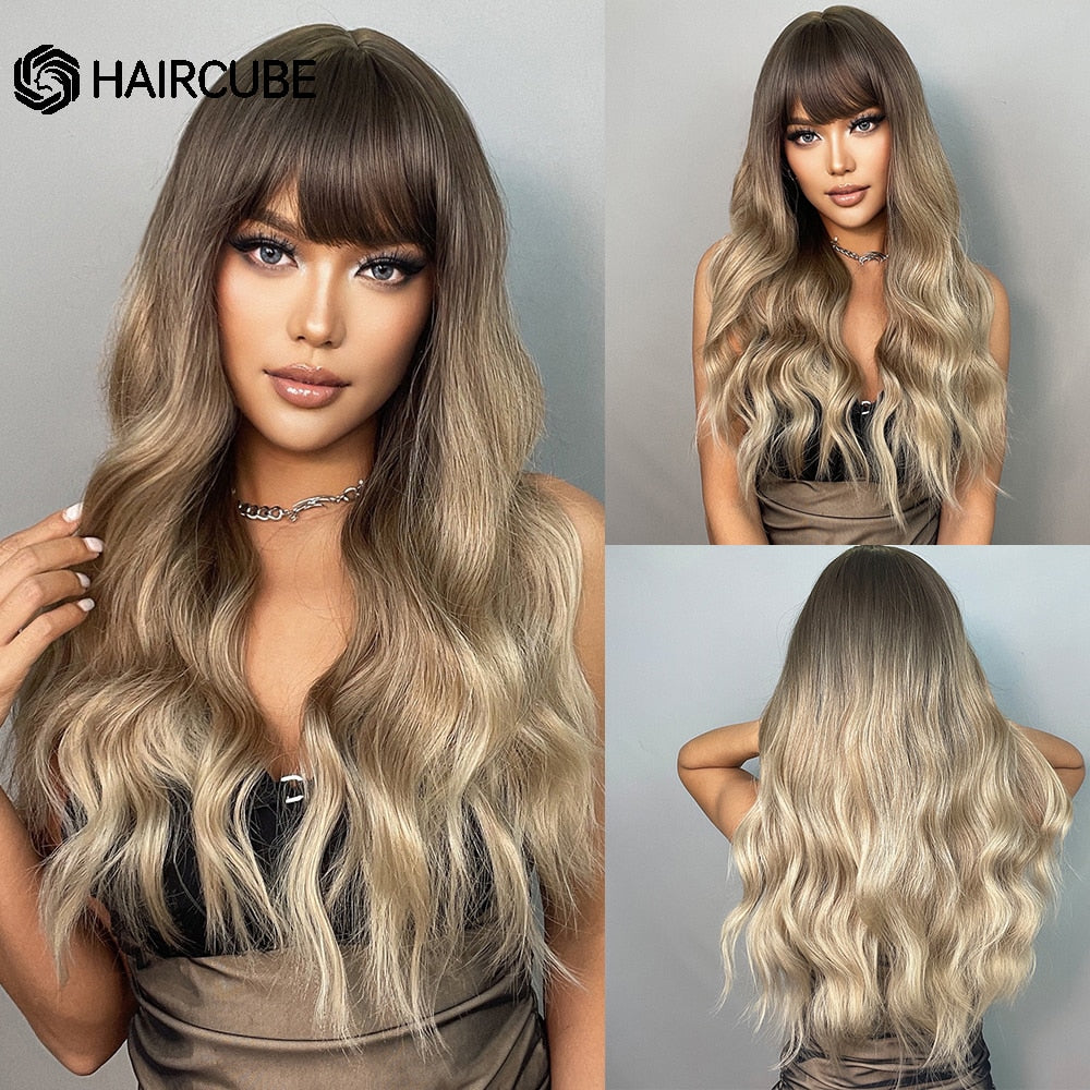 Long Synthetic Water Wave Wigs With Bangs Natural Curly Dark Brown Wigs for Women Cosplay Wigs Heat Resistant Fiber Wigs