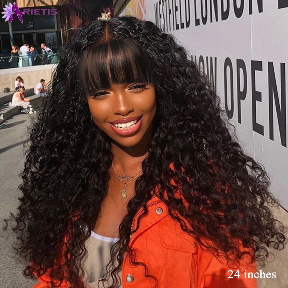 Jerry Curly Human Hair Wigs Full Wigs Indian Remy Hair Full Machine Wig With Bangs 8&quot;-24&quot;Inches Natural Black For Black Women