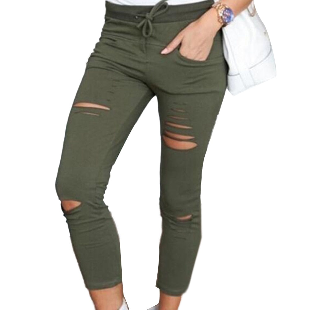 Plus Size Solid Color Drawstring High Waist Pencil Pants Ripped Skinny Leggings Elastic Sexy Skinny Thin-Section Pants For Women