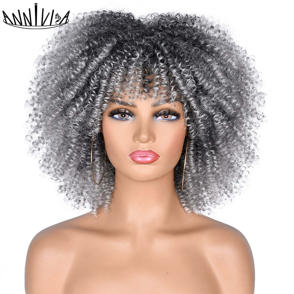 Short Hair Afro Kinky Curly Wigs With Bangs African Synthetic Ombre Glueless Cosplay Wigs For Black Women High Temperature