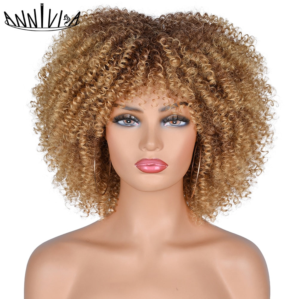 Short Hair Afro Kinky Curly Wigs With Bangs African Synthetic Ombre Glueless Cosplay Wigs For Black Women High Temperature