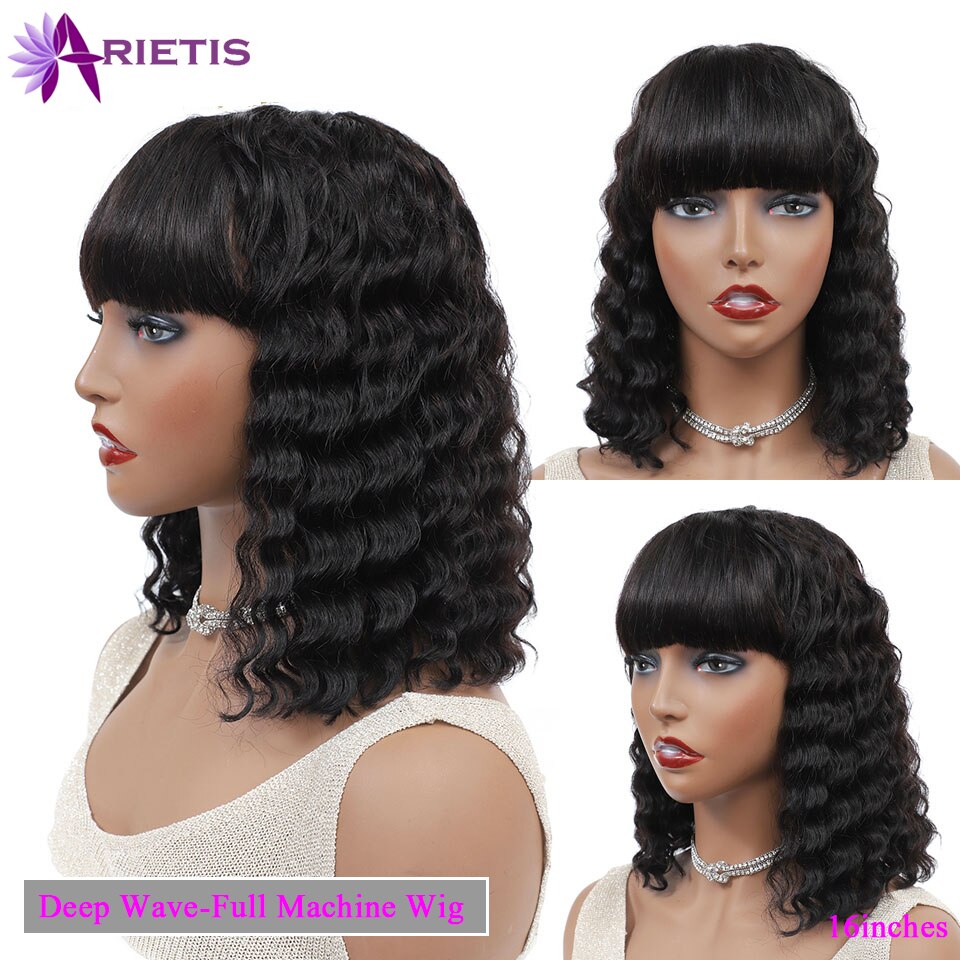 Jerry Curly Human Hair Wigs With Bangs 150% Density Glueless Full Machine Made Wig With Bang  Color 1b For Black Women