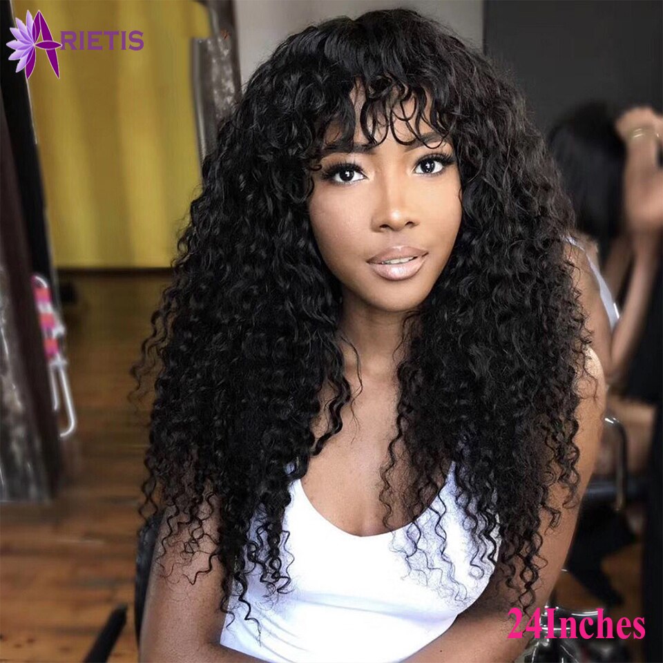 Jerry Curly Human Hair Wigs Full Wigs Indian Remy Hair Full Machine Wig With Bangs 8&quot;-24&quot;Inches Natural Black For Black Women