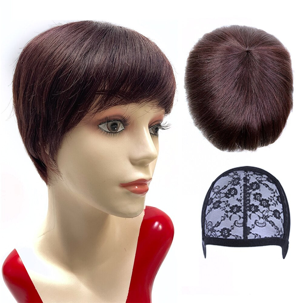 Tinashe Beauty Short Bob Wig With Bangs Pixie Cut Brazilian Human Hair Wigs Remy Full Manchine Cheap Red Brown Wigs For Women