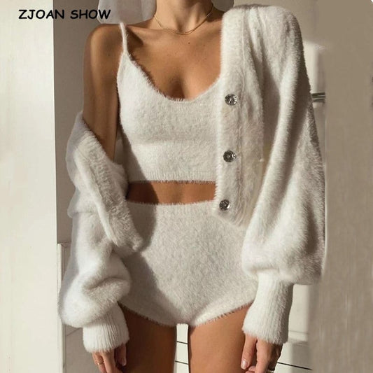 2020 Vintage Set Shaggy Korea Style White Cardigan Furry Single-breasted Button Tank Top Knitted Sweater Jumper 1 Set