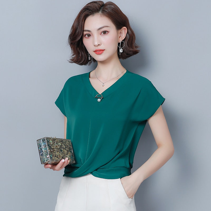 Spring Summer New Plus Size Irregular Chiffon Shirts Women Loose Bat Short Sleeve V-neck Office Lady Solid Elegant Blusas 9051