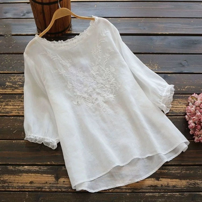 Blouse Women Plus size Ruffle Cotton Ladies Embroidered Top Blouse Summer shirts Puff sleeve Casual