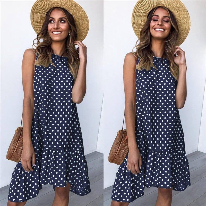 Lossky Women Summer Dress Polka Dot Chiffon Sleeveless Beach Mini Casual Yellow Sundress 2022 Fashion Plus Size Dress For Women