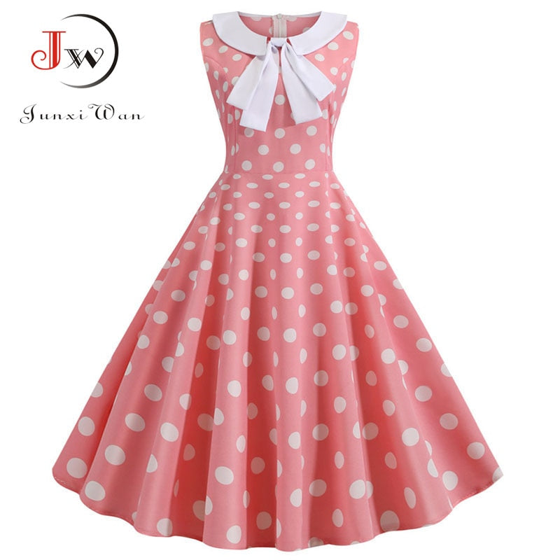 Plus Size Polka Dot Vintage Dress Women Summer Pink Rockabilly Office Party Dress Casual Peter Pan Collar Bow Sundress Vestidos